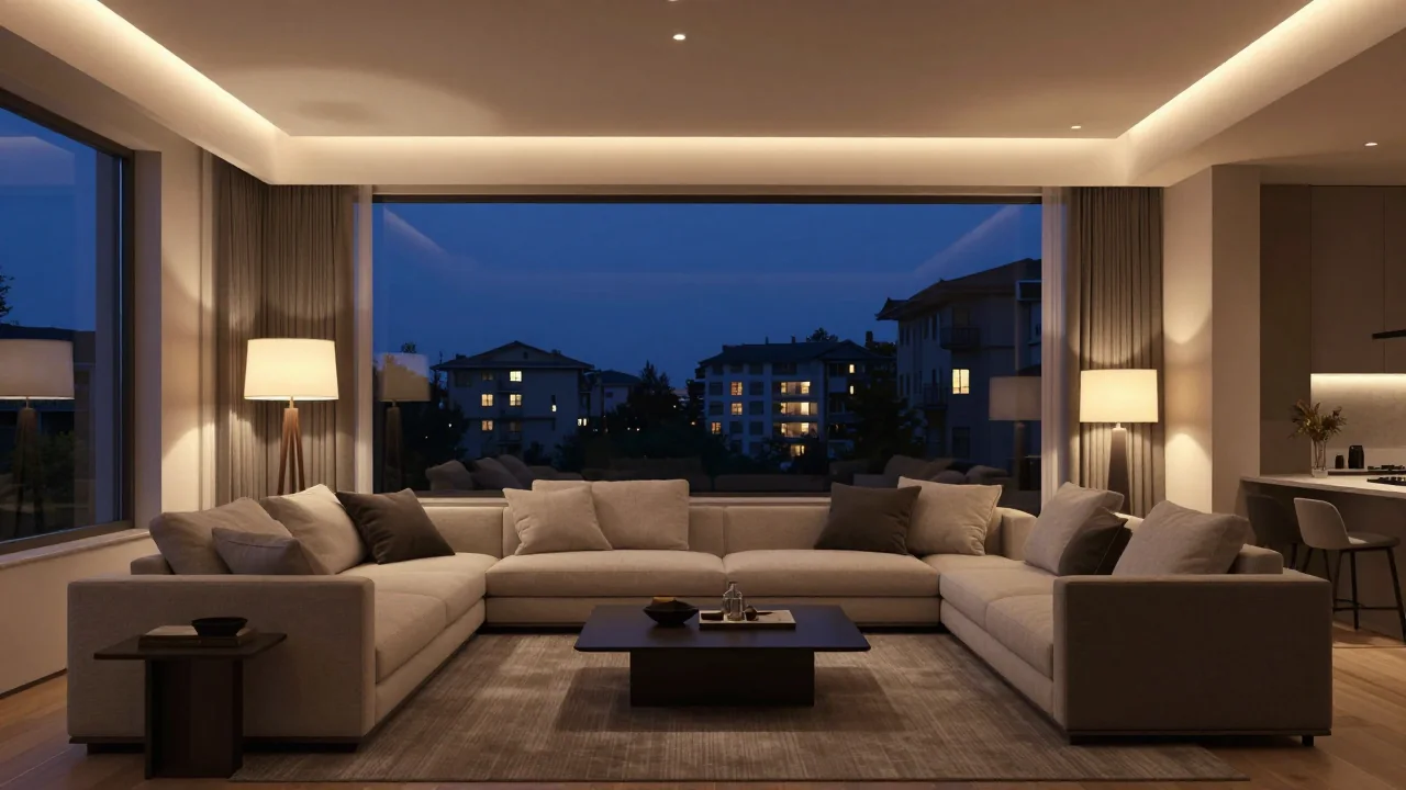 Визуализация гостиной вечером: тёплый свет светильников и подсветки
